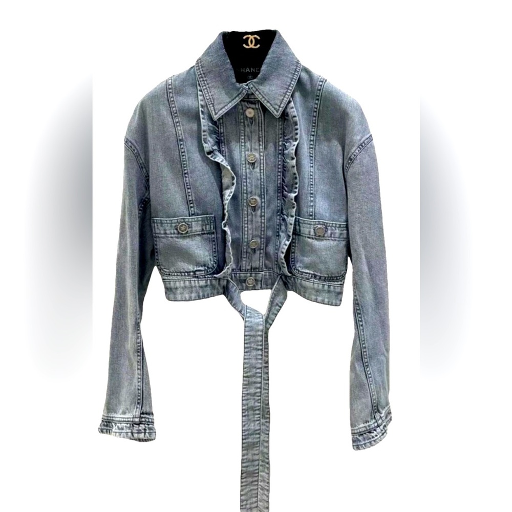 CHANEL 22A DENIM JACKET RUFFLE DETAILS 34 FR